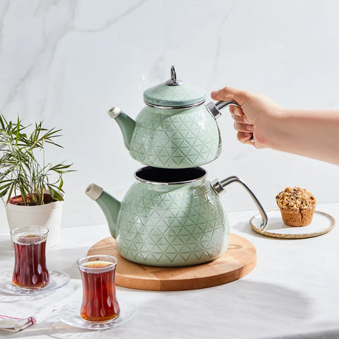 Karaca Kristal Enamel Induction Teapot Set, Green Silver