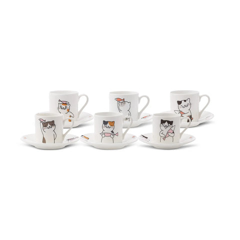 Karaca Cat 12-Piece Stoneware Espresso Turkish Coffee Cup Set for 6 People, 80ml, Multi