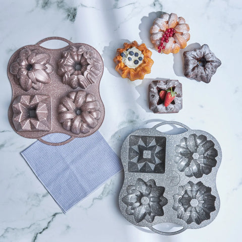 Karaca Cake Pro Aluminium Cast Decorative Bundt Cake Tin, 4 Piece, 28cmx35cm, Rose Gold