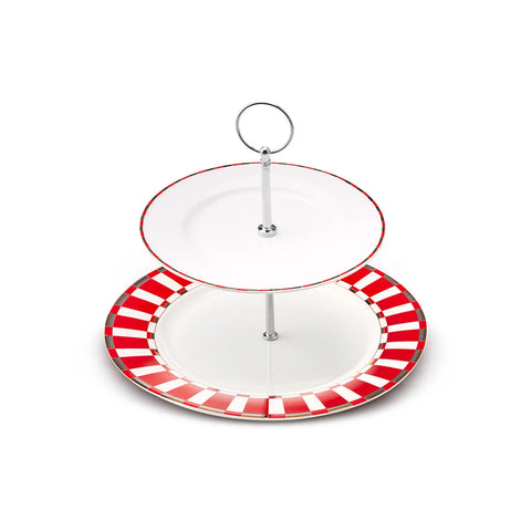 Karaca Aries Porcelain 2-Tier Cake Stand, 27cm, Red Multi