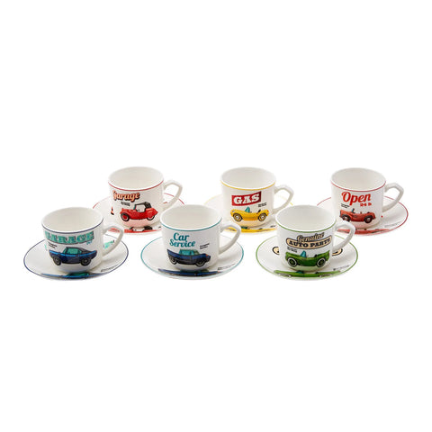 Karaca Cars 12 Piece Porcelain Turkish Coffee Cup Set for 6 People, 80ml, Multi