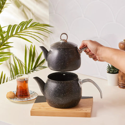Karaca Biogranite Steel Plus Non-Stick Teapot Set, Black Silver