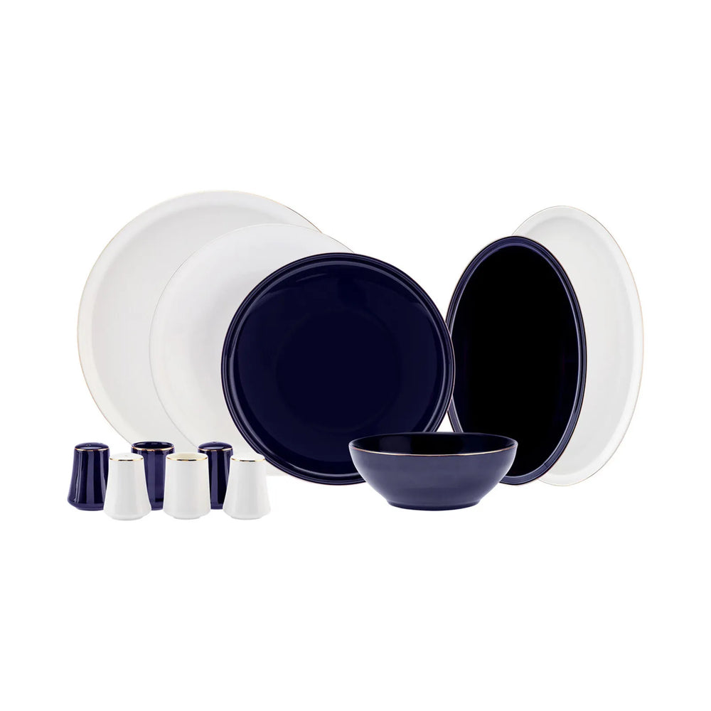 Karaca Elara 57-Piece Bone China Dinner Set for 12 People, Navy Blue Gold White