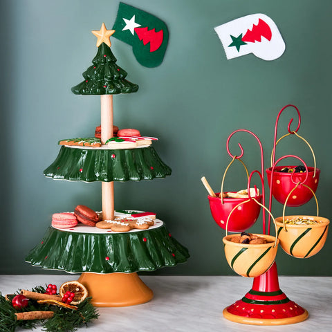 Karaca New Year Christmas Corrousel Ceramic Snack Bowl with Stand, 32cm, Multi