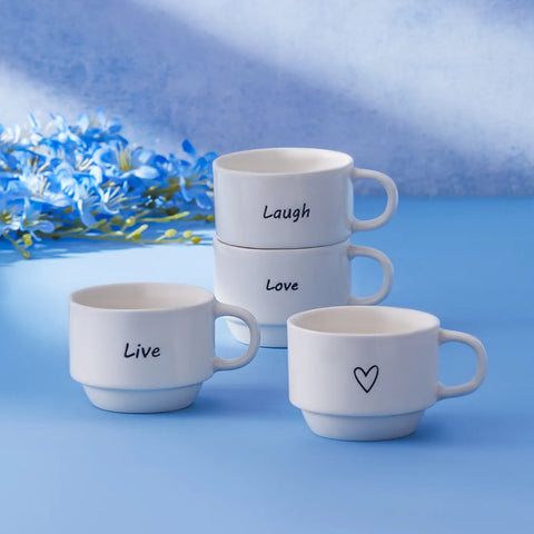 Karaca Lovely Laugh 4-Piece Porcelain Espresso Turkish Coffee Cup Set for 4 People, 100ml, White Black