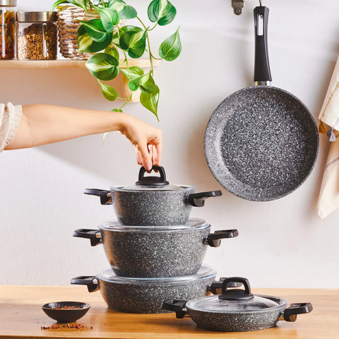 Karaca Grey Stone Biogranite 9-Piece Cookware Set, Grey