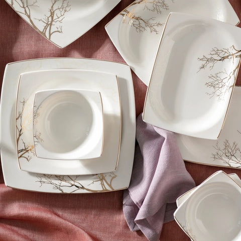 Karaca Autumn 60-Piece Porcelain Dinner Set for 12 People, White Gold