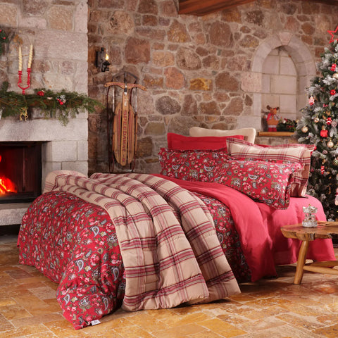 Karaca Home Despina 100% Turkish Cotton Flannel Duvet Cover Set with Bed Sheet, Double, Red Multi