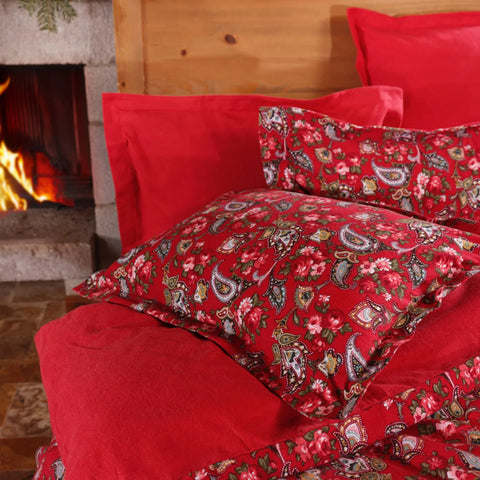 Karaca Home Despina 100% Turkish Cotton Flannel Duvet Cover Set with Bed Sheet, Double, Red Multi