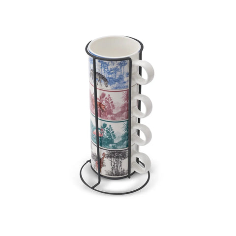 Karaca Jungle 4-Piece Porcelain Mug Set with Stand, 160ml, Multi