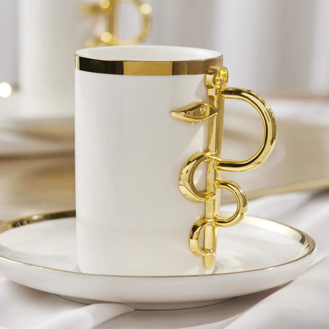 Karaca Şahmeran 4-Piece Porcelain Espresso Coffee Cup Set for 2 People, 100ml, White Gold