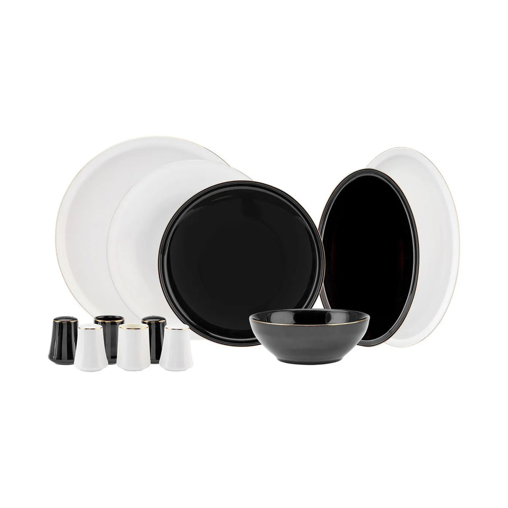 Karaca Elara 57-Piece Bone China Dinner Set for 12 People, Black White