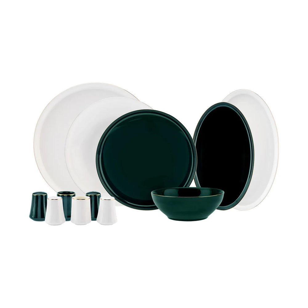 Karaca Elara 57-Piece Bone China Dinner Set for 12 People, Green White