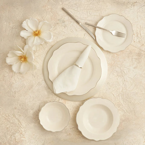 Karaca Almond 24-Piece Porcelain Dinner Set for 6 People, White Platinum