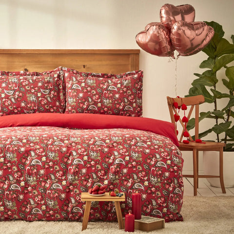 Karaca Home Despina 100% Turkish Cotton Flannel Duvet Cover Set with Bed Sheet, Double, Red Multi