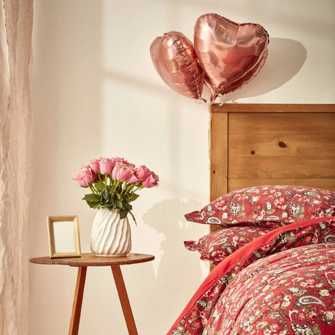 Karaca Home Despina 100% Turkish Cotton Flannel Duvet Cover Set with Bed Sheet, Double, Red Multi