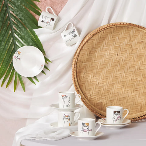 Karaca Cat 12-Piece Stoneware Espresso Turkish Coffee Cup Set for 6 People, 80ml, Multi