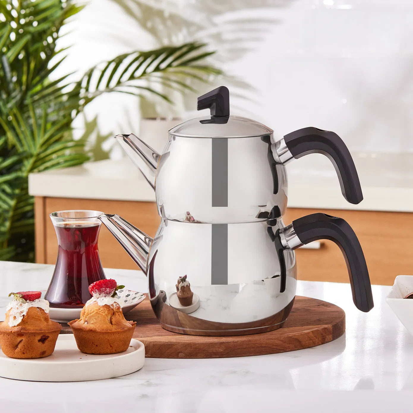 Karaca Belinay Stainless Steel Induction Teapot Set, Medium, Silver Black