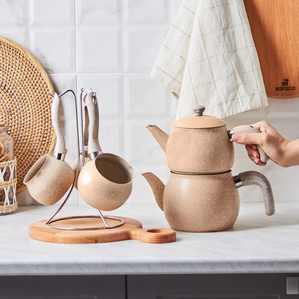 Karaca Biogranite Steel Plus 5 Piece Non-Stick Bakalite Handle Teapot and Turkish Coffee Pot Set with Stand, Brown