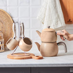 Karaca Biogranite Steel Plus 5 Piece Non-Stick Bakalite Handle Teapot and Turkish Coffee Pot Set with Stand, Brown