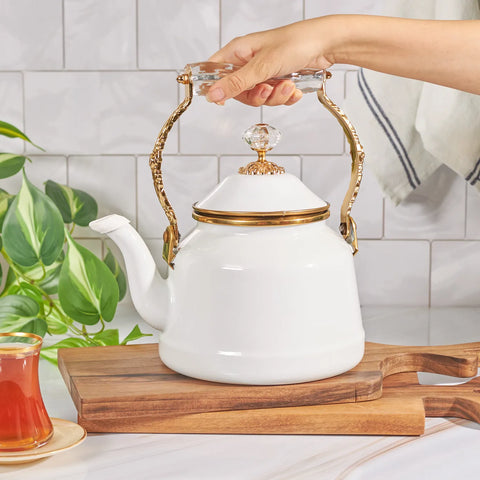Karaca Troy Vintage Enamel Induction Kettle, White Gold