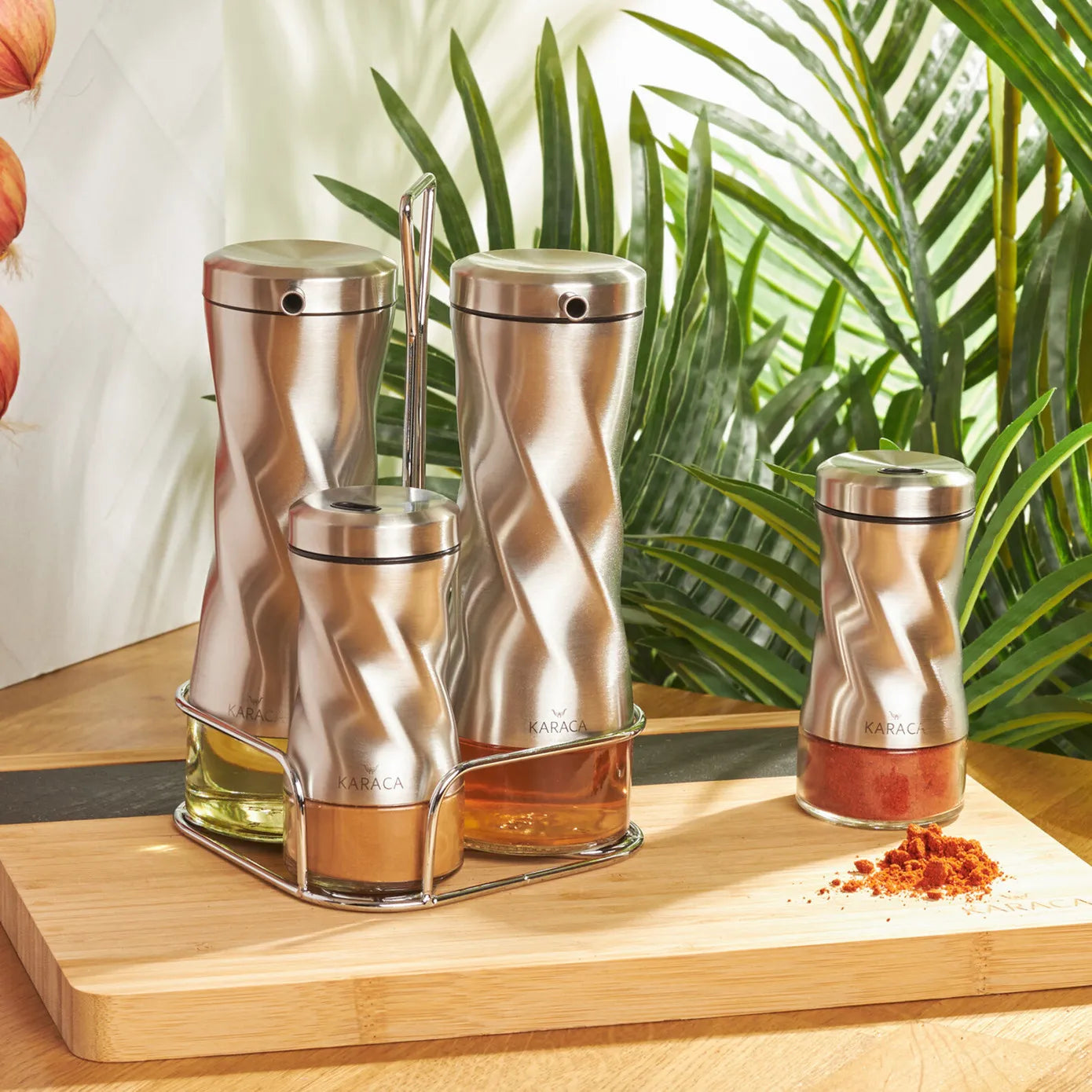 Karaca Tottori 4 Piece Glass Spice Rack Set and Salad Sauce Set with S