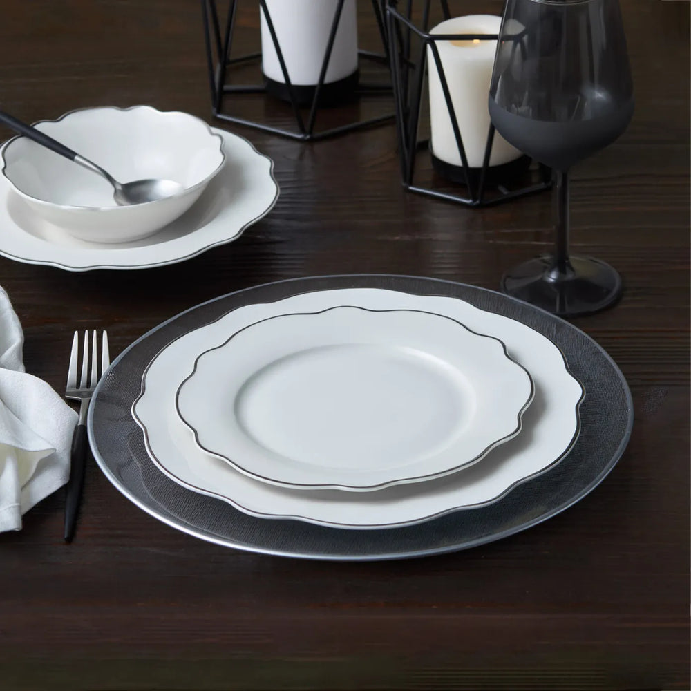 Karaca Daisy 24-Piece Bone China Dinner Set for 6 People, White Platinum