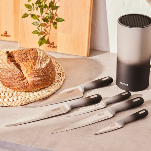 Karaca Moonlight 5 Piece Round Knife Block Set, Black Grey