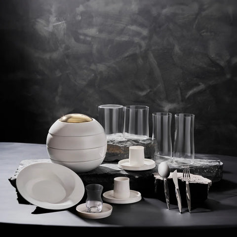 Karaca X Sarıyer Design Sphere 4 Piece Porcelain Snack Bowl with Lid, White Gold