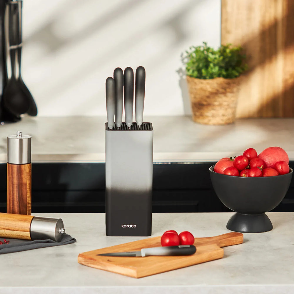 Karaca Moonlight 5 Piece Square Knife Block Set, Black Grey