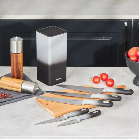 Karaca Moonlight 5 Piece Square Knife Block Set, Black Grey