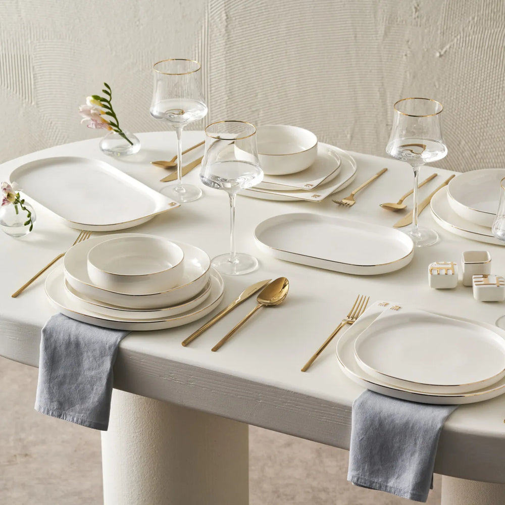 Karaca 50th Anniversary Collection Stream Bone 59-Piece Bone China Dinner Set for 12 People, White Gold