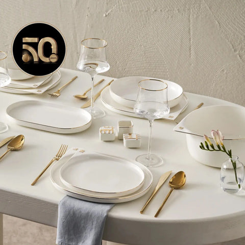 Karaca 50th Anniversary Collection Stream Bone 59-Piece Bone China Dinner Set for 12 People, White Gold