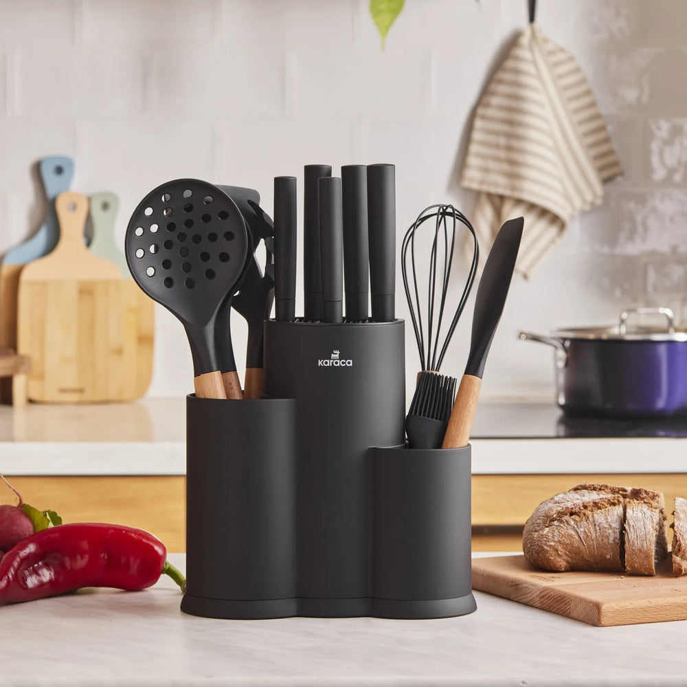Karaca Burby Wood Knife Block Set and Kitchen Utensil Set, 14 Piece, Wood Black