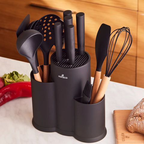 Karaca Burby Wood Knife Block Set and Kitchen Utensil Set, 14 Piece, Wood Black