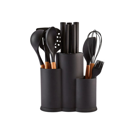 Karaca Burby Wood Knife Block Set and Kitchen Utensil Set, 14 Piece, Wood Black