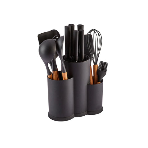 Karaca Burby Wood Knife Block Set and Kitchen Utensil Set, 14 Piece, Wood Black