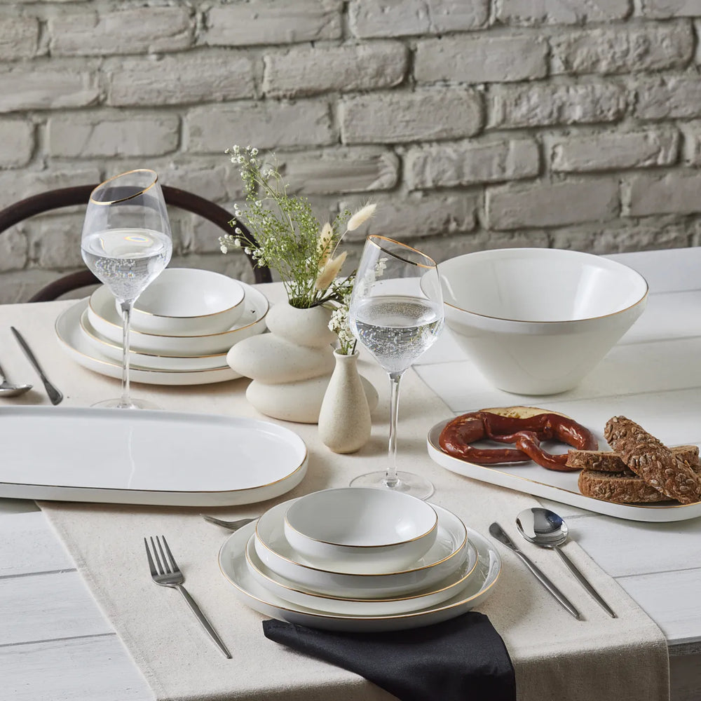 Karaca Stream Bone China Saturn 19-Piece Bone China Dinner Set for 4 People, White Gold