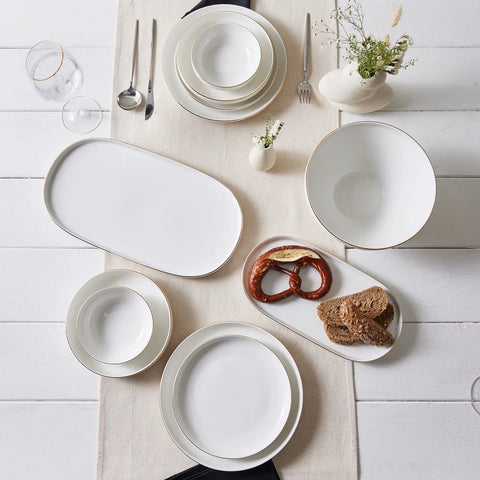 Karaca Streamline Saturn 19-Piece New Generation Bone China Dinner Set for 4 People, White Gold