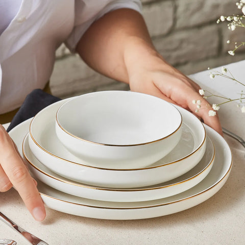Karaca Streamline Saturn 19-Piece New Generation Bone China Dinner Set for 4 People, White Gold