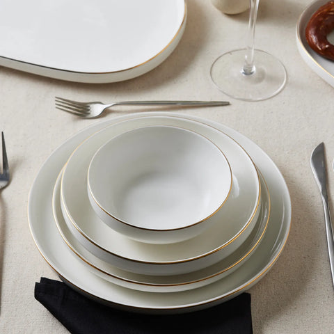 Karaca Streamline Saturn 19-Piece New Generation Bone China Dinner Set for 4 People, White Gold