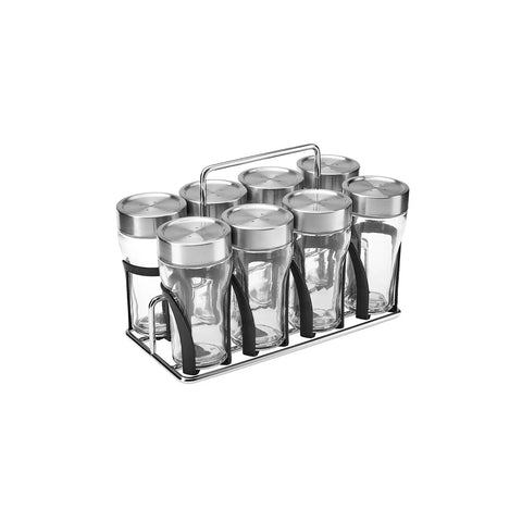 Karaca Danica 8 Piece Glass Rectangle Spice Rack Set with Stand, 120ml, Silver