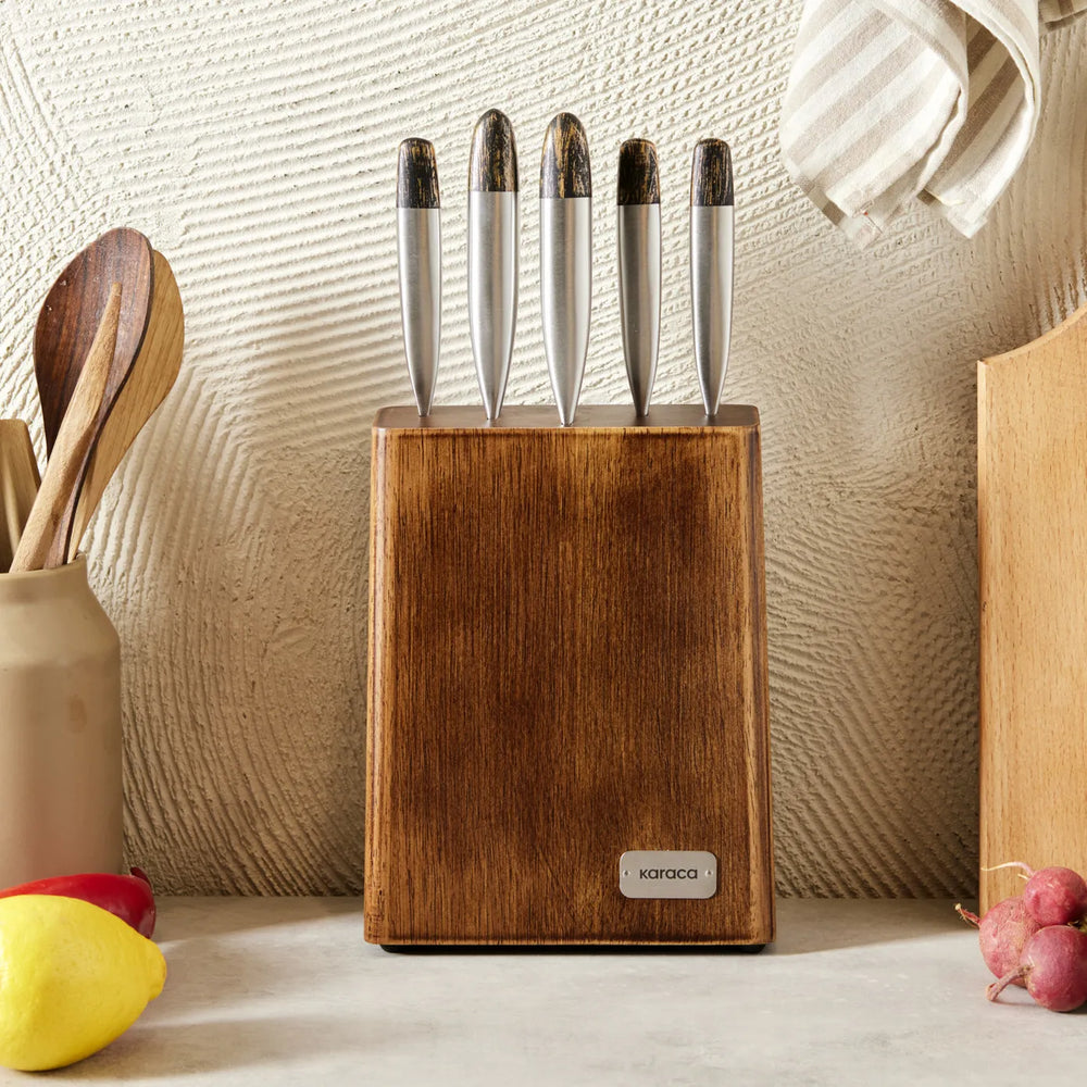 Karaca Dynamic 5 Piece Knife Set with Stand, Wood Silver
