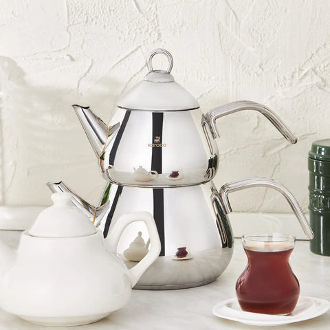 Karaca 3 Piece Stainless Steel Induction Teapot Set with Porcelain Teapot, Medium, Silver