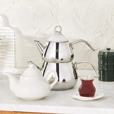 Karaca 3 Piece Stainless Steel Induction Teapot Set with Porcelain Teapot, Medium, Silver