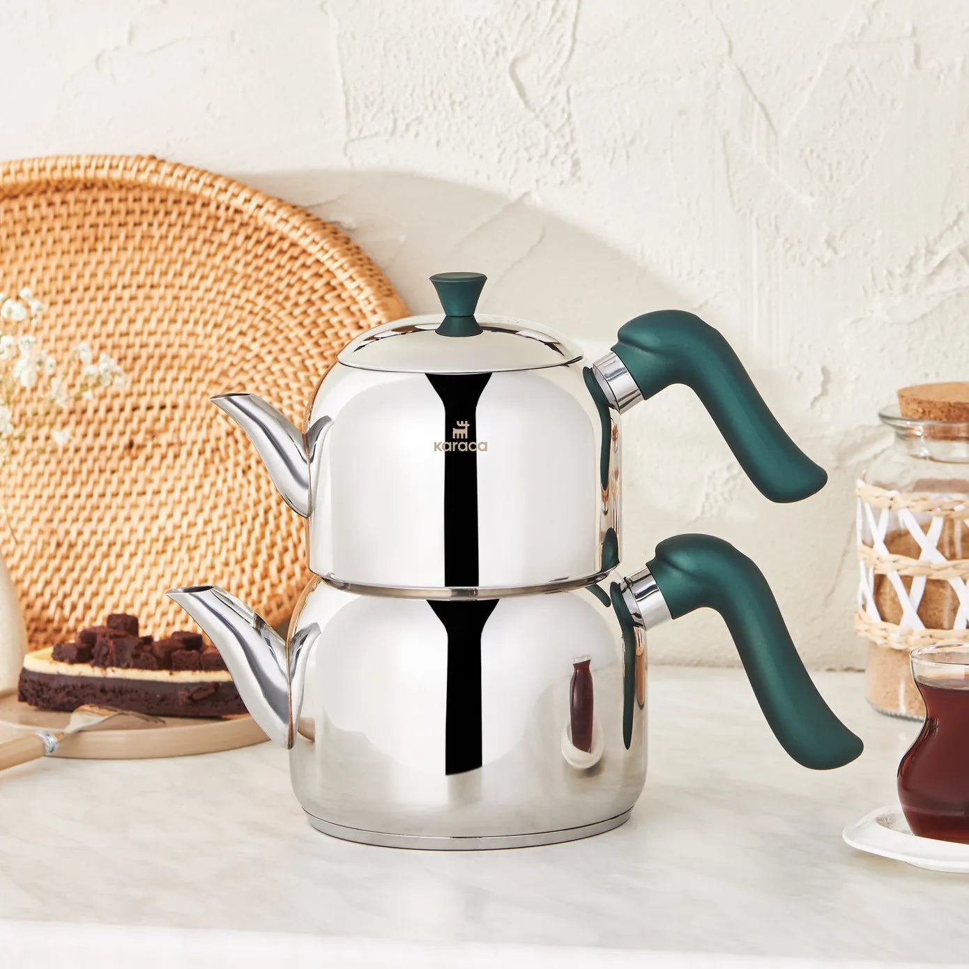 Karaca Edana Stainless Steel Induction Teapot Set, Medium, Green Silver