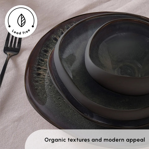 Karaca Earth Collection New Galactic Reactive Glaze 55-Piece Dinner Set for 12 People, Black