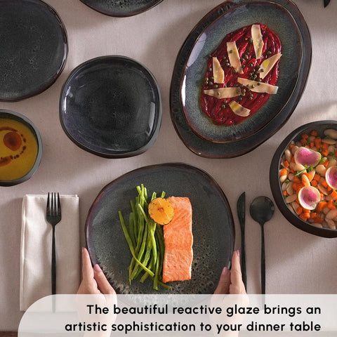 Karaca Earth Collection New Galactic Reactive Glaze 55-Piece Dinner Set for 12 People, Black