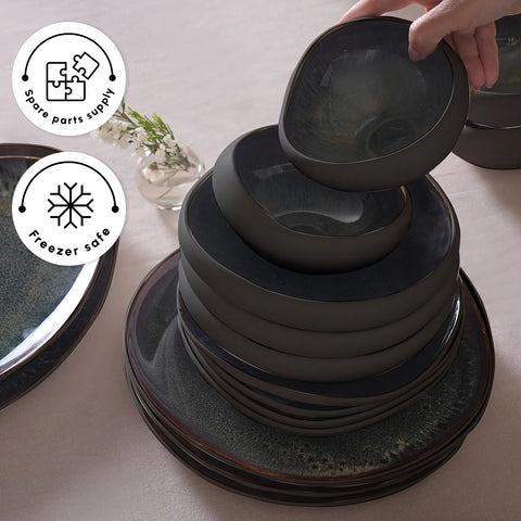 Karaca Earth Collection New Galactic Reactive Glaze 55-Piece Dinner Set for 12 People, Black