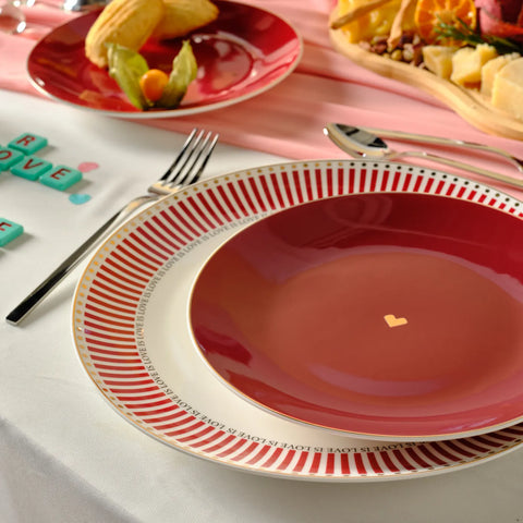 Karaca Amour 6-Piece New Generation Bone China Dinner Set for 2 People, Red Multi